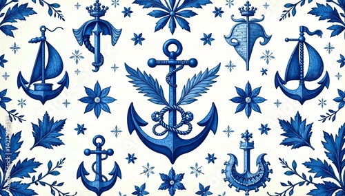 Decorative nautical design featuring anchors, flowers, and ships in blue and white tones.