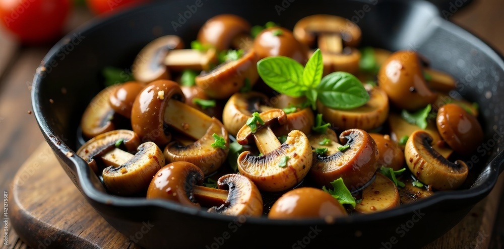 Delicious sauteed mushrooms garnished with fresh herbs in a rustic skillet. Delicious sauteed mushrooms garnished with fresh herbs in a rustic skillet.
