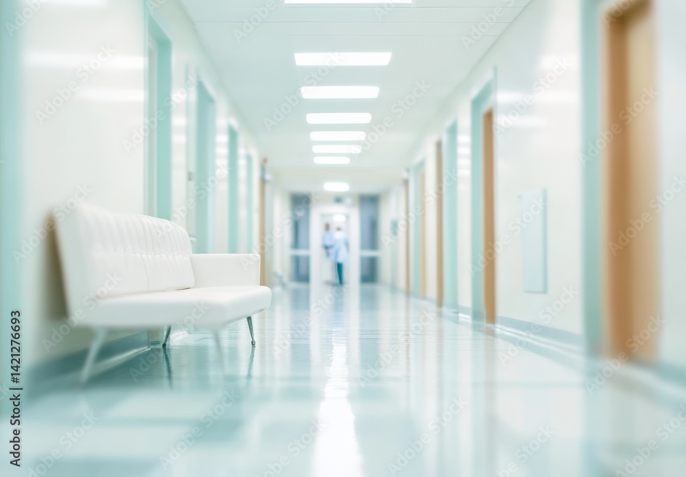 Blurred hospital corridor with white sofa and medical staff in background, clean modern interior with copy space for banner design, healthcare concept in real photo style Blurred hospital corridor with white sofa and medical staff in background, clean modern interior with copy space for banner design, healthcare concept in real photo style