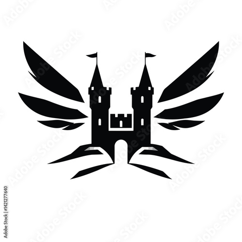 Geometric, symmetrical castle tower logo. Black silhouette on white background, minimal flat vector style. Clean lines, balanced composition for strong brand identity