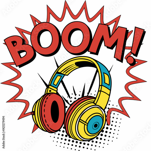 Vintage Headphones with Boom Text