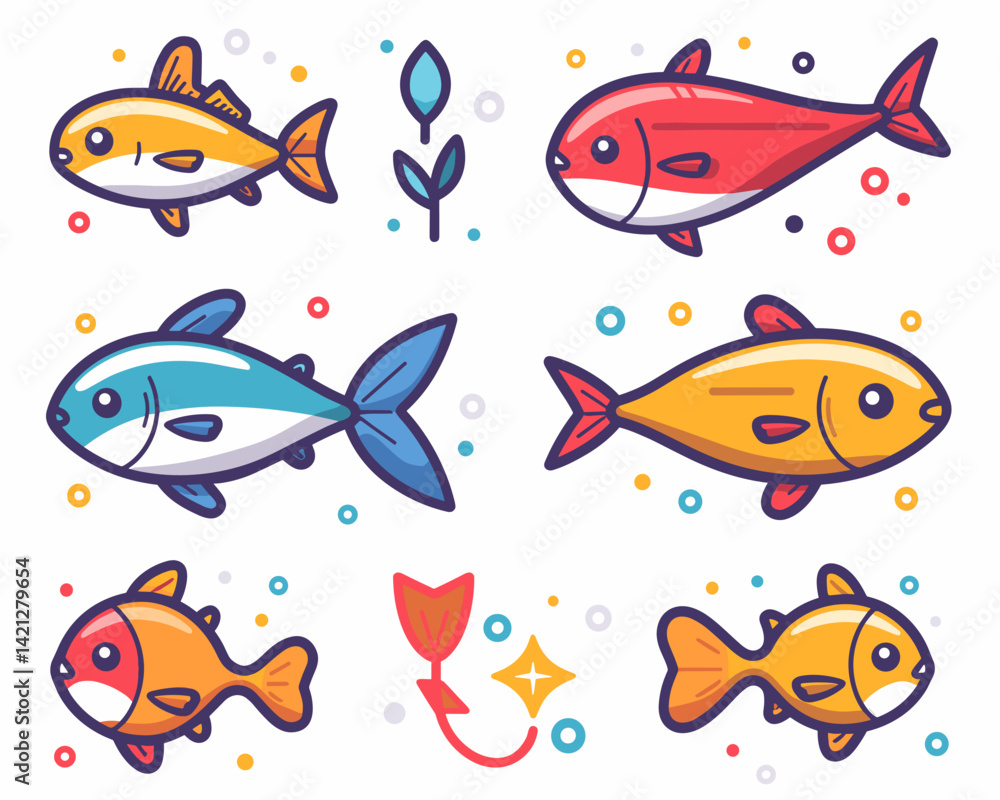 Naklejka premium Set with cartoon fish. Vector illustration for kids.