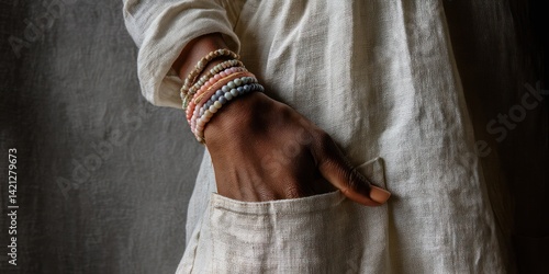 Multi-Layered Beaded Bracelets on a Person's Wrist.