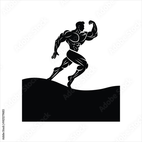 Muscular Athlete Silhouette Climbing Uphill