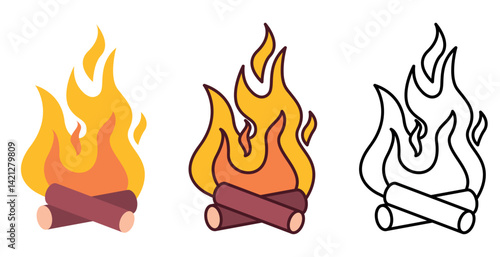 Cartoon Bonfire Icon Igniting Warmth in Color and Outline Style