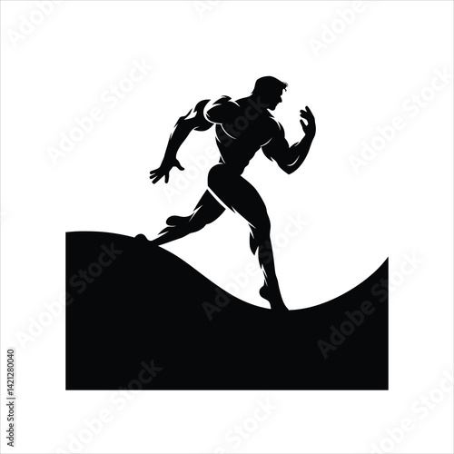 Muscular Athlete Silhouette Climbing Uphill