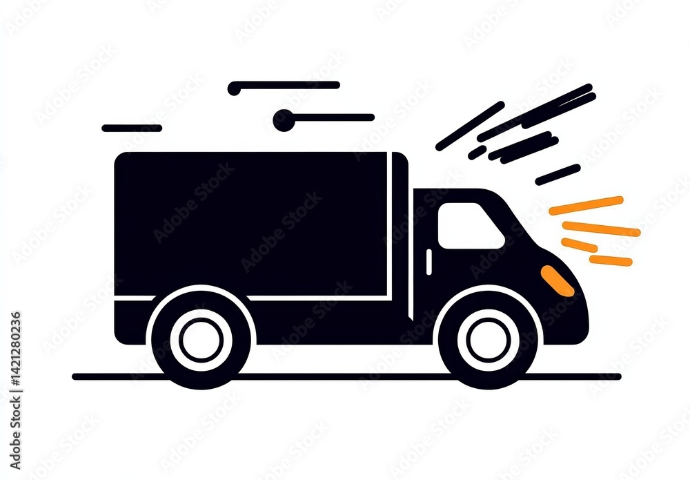 Black vector icon of delivery truck with motion lines symbolizing fast shipping service on white background Black vector icon of delivery truck with motion lines symbolizing fast shipping service on white background
