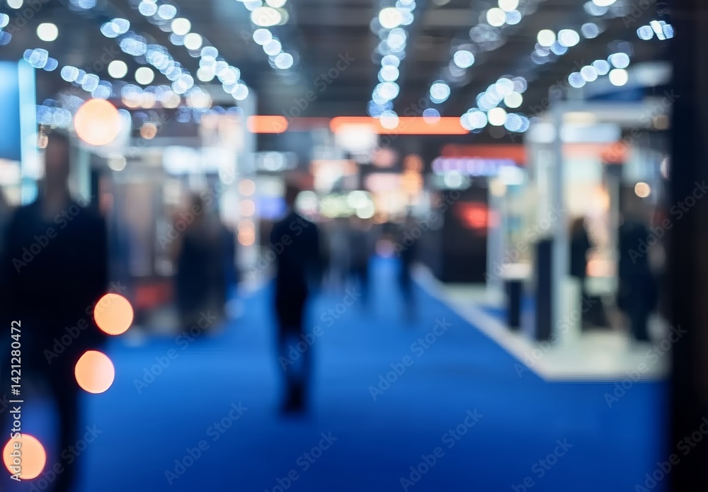 Abstract blurred background of international industrial exhibition with booth displays and visitors on blue carpet floor in modern indoor space Abstract blurred background of international industrial exhibition with booth displays and visitors on blue carpet floor in modern indoor space