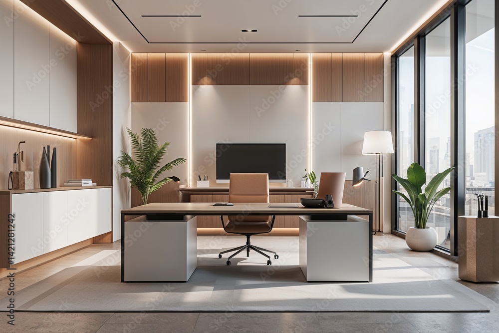 Fototapeta premium Modern Minimalist 3D Office Interior Design Visualization Featuring Sleek Functional Layout
