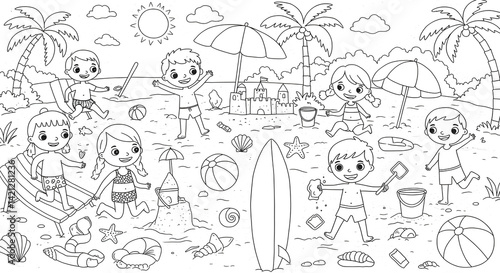 hello summer coloring page in A4 size, beach theme. You can print it on standard A4 paper at 300 dpi for high-quality printing.