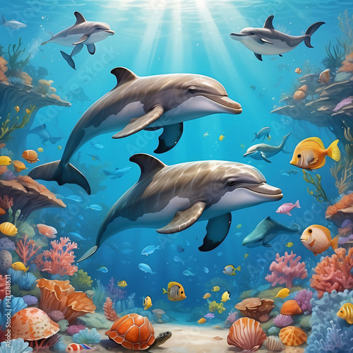 Dolphins swimming among colorful coral reefs and vibrant fish in a lively underwater ecosystem