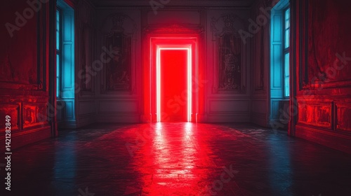 Red neon portal in an old room