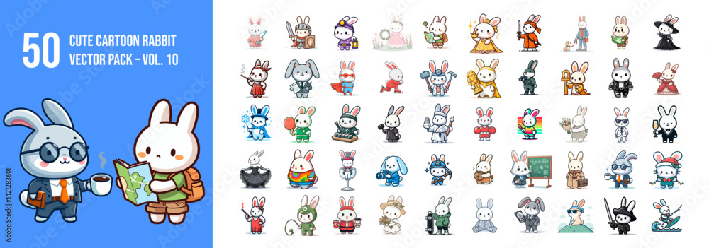 Fototapeta premium 50 Vector Cartoon Rabbit Characters Set Pack - Vol. 10