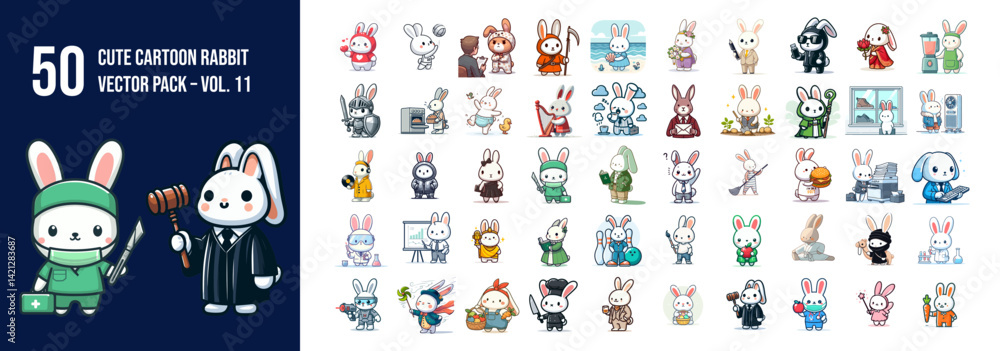 Obraz premium 50 Vector Cartoon Rabbit Characters Set Pack - Vol. 11