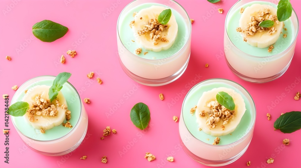 Creative dessert presentation healthy granola cups with bananas pink background food photography Creative dessert presentation healthy granola cups with bananas pink background food photography