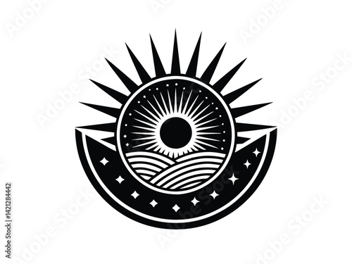 Vector illustration of a yin yang symbol with a radiant sun as a design element in a black circle