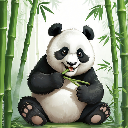 Cute panda enjoying bamboo surrounded by lush green bamboo forest during daytime