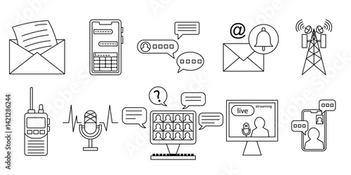 set representing modern communication with line style. email, messages, video calls, streaming and online chat. editable strokes