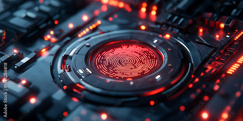 Red Biometric Fingerprint Scan: Futuristic Security Interface with Glowing Red Fingerprint and Circuitry
Red Biometric Fingerprint Scan: Futuristic Security Interface with Glowing Red Fingerprint and Circuitry