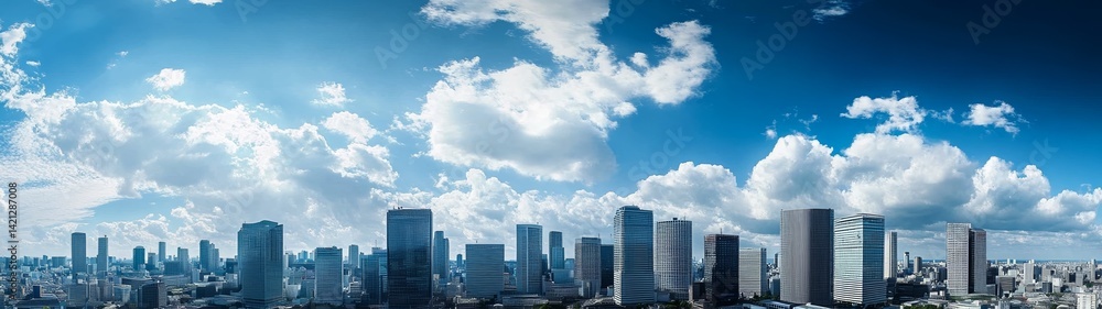 Panoramic view of Tokyo skyline with city center buildings and clouds in a wide-angle daytime scene, blue and white tones highlighting modern urban architecture Panoramic view of Tokyo skyline with city center buildings and clouds in a wide-angle daytime scene, blue and white tones highlighting modern urban architecture