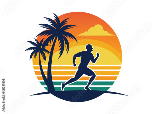 Silhouette of a surfer and aman enjoy the sunset on a tropical beach with palm trees