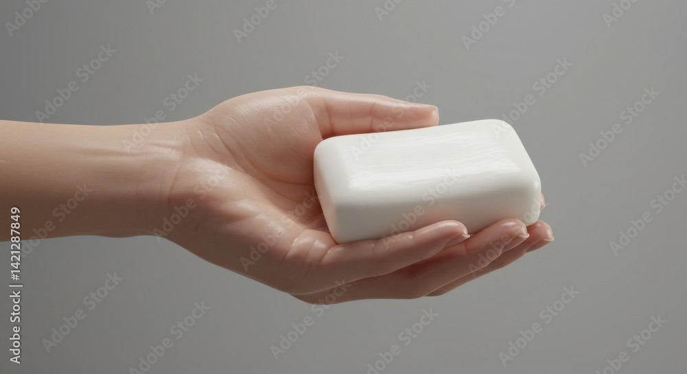 Hand Holding a Bar of White Soap Against a Gray Background Hand Holding a Bar of White Soap Against a Gray Background