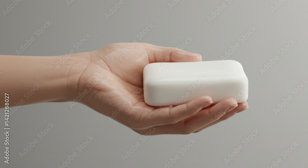 Hand Holding a Bar of White Soap on Gray Background Hand Holding a Bar of White Soap on Gray Background