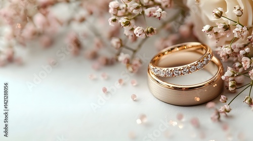 Elegant wedding rings with delicate floral background