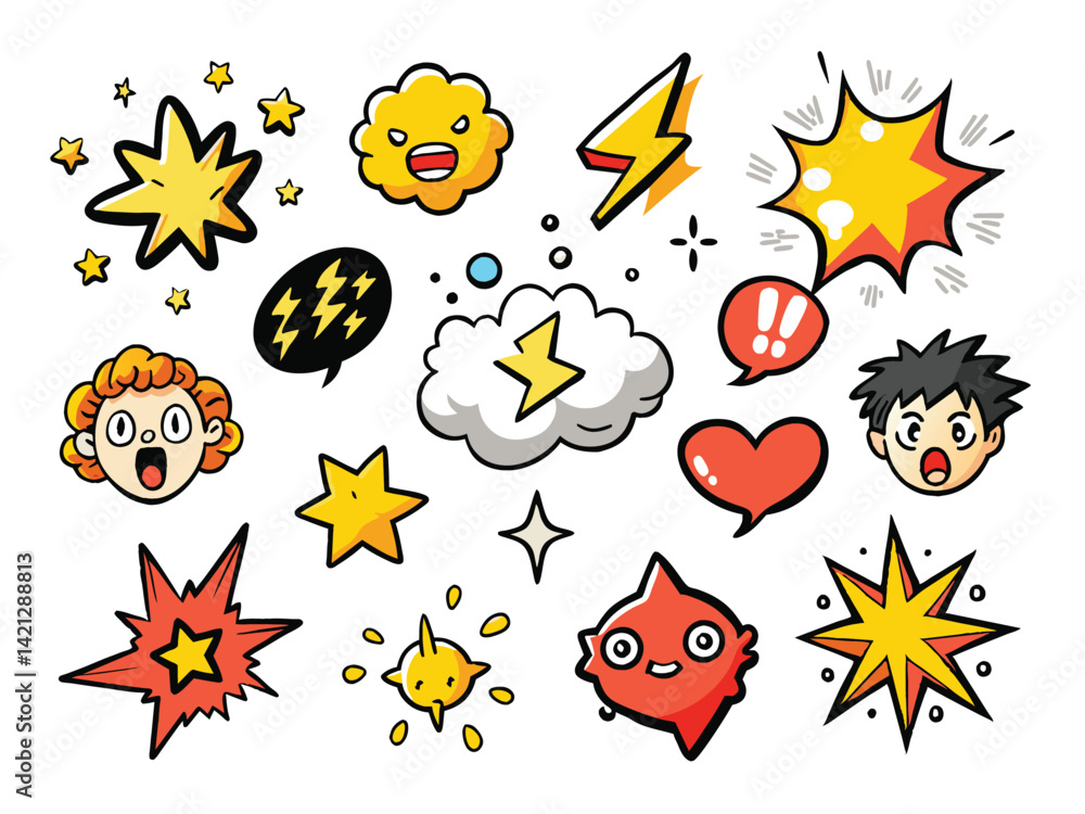 A vector set features funny cartoon stars, sun, and flower icons in yellow and orange, perfect for comic art and decoration A vector set features funny cartoon stars, sun, and flower icons in yellow and orange, perfect for comic art and decoration