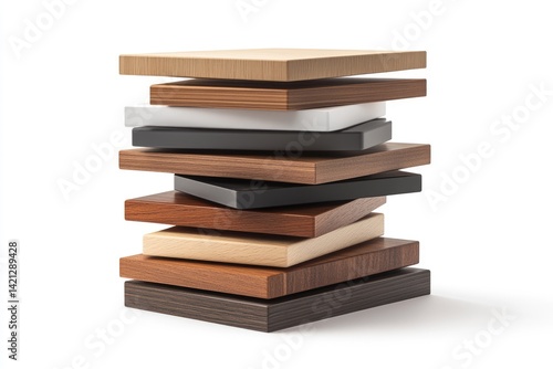 A stack of various wood and composite samples showcasing different colors and textures for furniture or interior design.