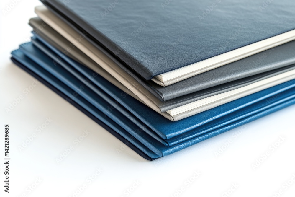 Stack of notebooks in varying shades of blue and gray, showcasing different textures and cover designs. Stack of notebooks in varying shades of blue and gray, showcasing different textures and cover designs.