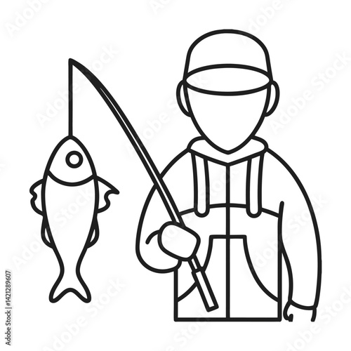 Simple outline illustration of a fisherman catching a fish with a fishing rod isolated