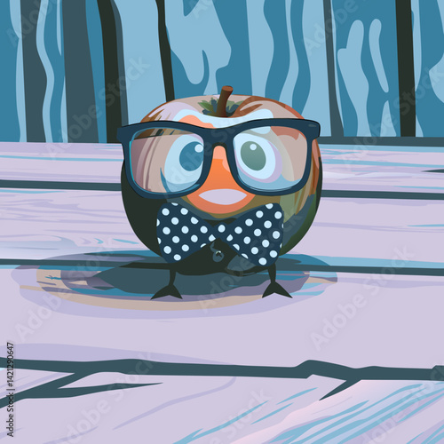 A quirky apple character with a bowtie and glasses, exuding charm and pride in a fun and playful vector illustration.