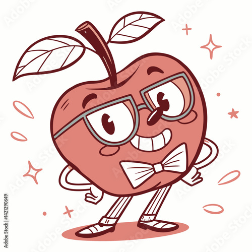 A quirky apple character with a bowtie and glasses, exuding charm and pride in a fun and playful vector illustration.
