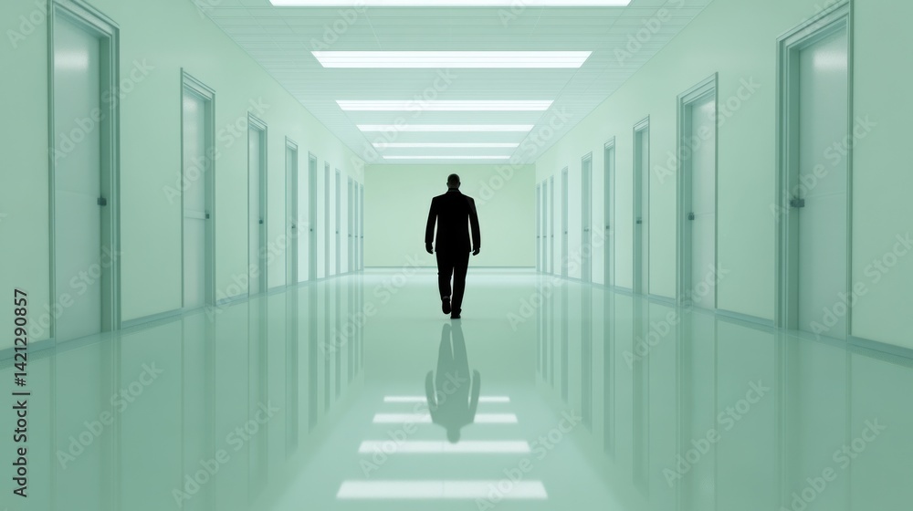 Solitary Figure in a Long, Empty Corridor: A Surreal Exploration of Isolation and Uncertainty Solitary Figure in a Long, Empty Corridor: A Surreal Exploration of Isolation and Uncertainty