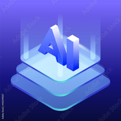 Futuristic AI Square shape with Layer Glasses Panels Pyramid Effect Isometric for Artificial Intelligence Machine Learning, Tech Innovation for Digital Assistant Science Technology in Glassmorphism.