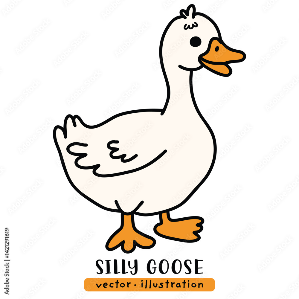 Obraz premium Silly duck, cute goose, cartoon hand drawn vector illustration