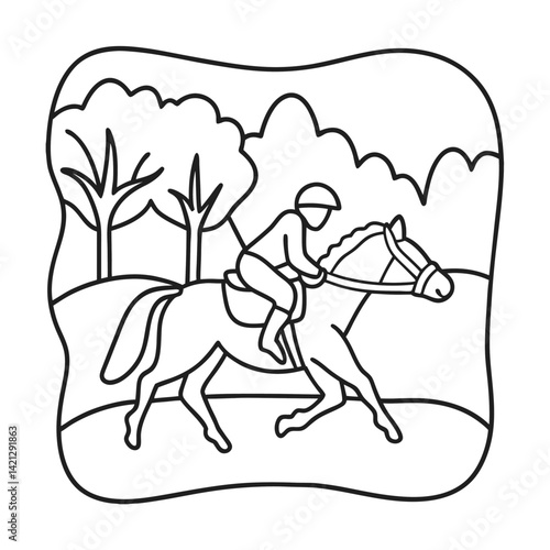 Horseback riding illustration outline man on horse in nature equestrian sport scene