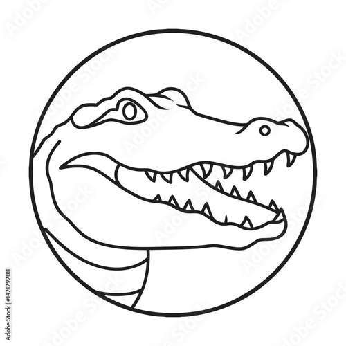 Simple line art of an alligator head inside a circle emblem style design