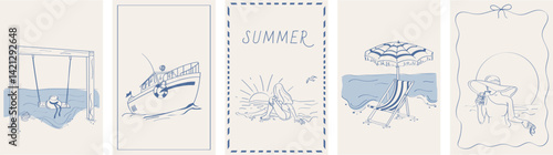 Doodle style vector poster set. Seaside weekend or vacation at the sea.Sea, tranquility, beach. Poster sketch, retro style.
