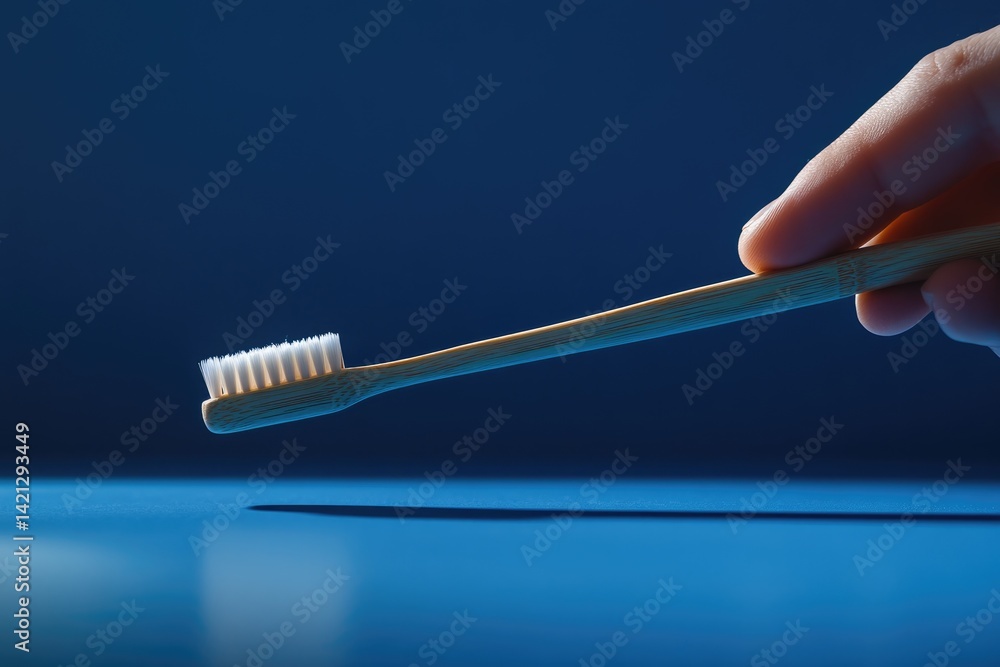 Fototapeta premium A hand delicately holds a bamboo toothbrush against a deep blue backdrop, showcasing eco-friendly oral hygiene.