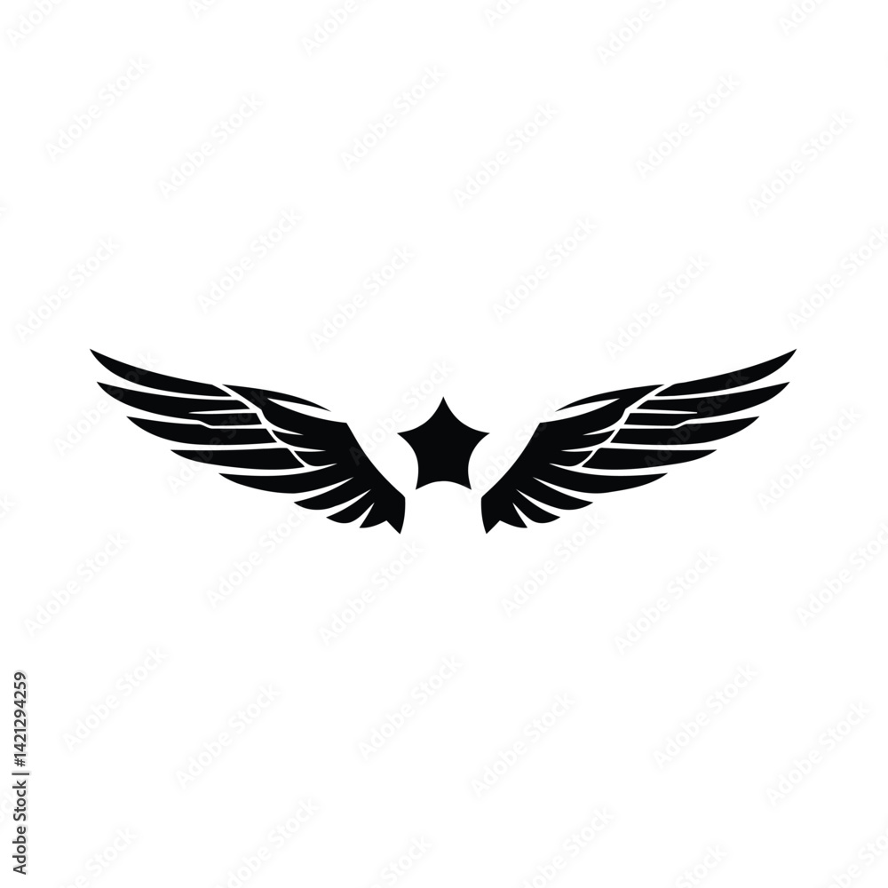 Obraz premium Minimalist logo black silhouette wings, geometric shapes, centered on white. Clean lines, symmetrical design, vector style. Focus on balance and visual clarity. Aviation or freedom theme