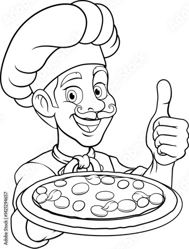 A chef cook holding a pizza cartoon food man mascot character illustration