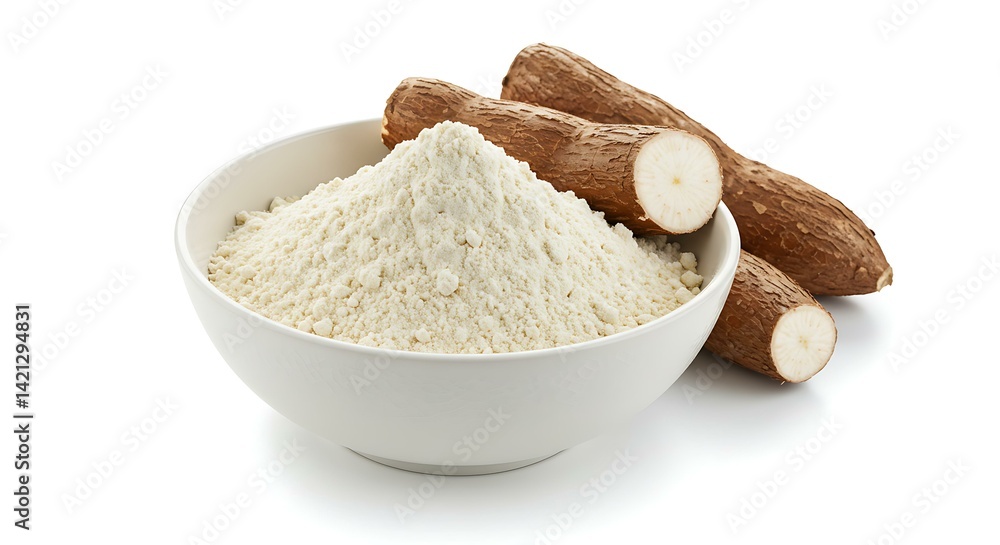 Cassava flour with cassava roots isolated on white background Cassava flour with cassava roots isolated on white background