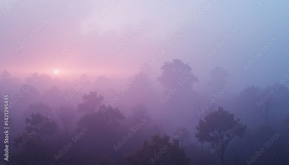 Naklejka premium Misty sunrise over a foggy forest landscape nature photography tranquil environment aerial view atmospheric concept