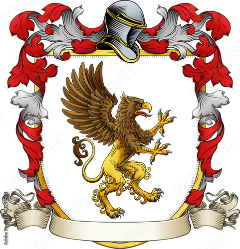 A Griffin or Gryphon coat of arms or crest family heraldry medieval heraldic animal knight shield. With helmet and acanthus filigree scroll ornament in a vintage woodcut style.