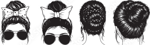Vintage hairstyle illustrations, retro women's updos, black and white sketches, sunglasses, beehive hairstyle, braided bun, classic 1960s fashion, hand-drawn hair designs, trendy coiffures