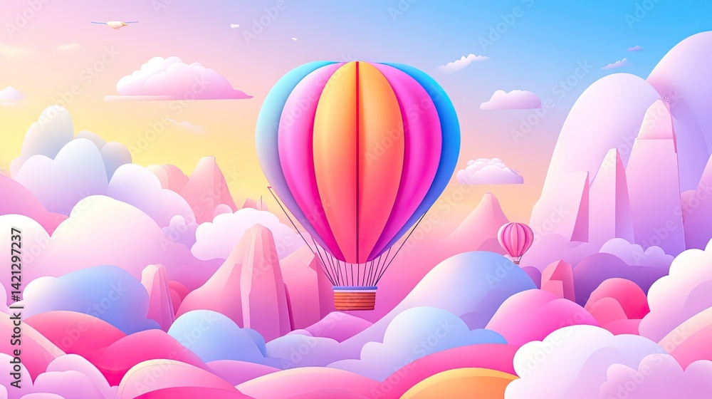 Naklejka premium Hot Air Balloon Adventure over Pastel Dreamland Mountains and Cloudscape