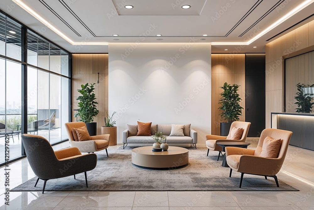 Modern Office Interior Design in a Comfortable Lobby with a Blank White Wall