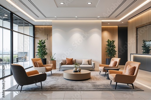 Modern Office Interior Design in a Comfortable Lobby with a Blank White Wall